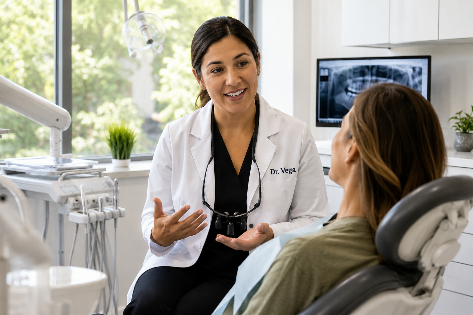 Dr. Marisol Vega talking with a patient in her operatory